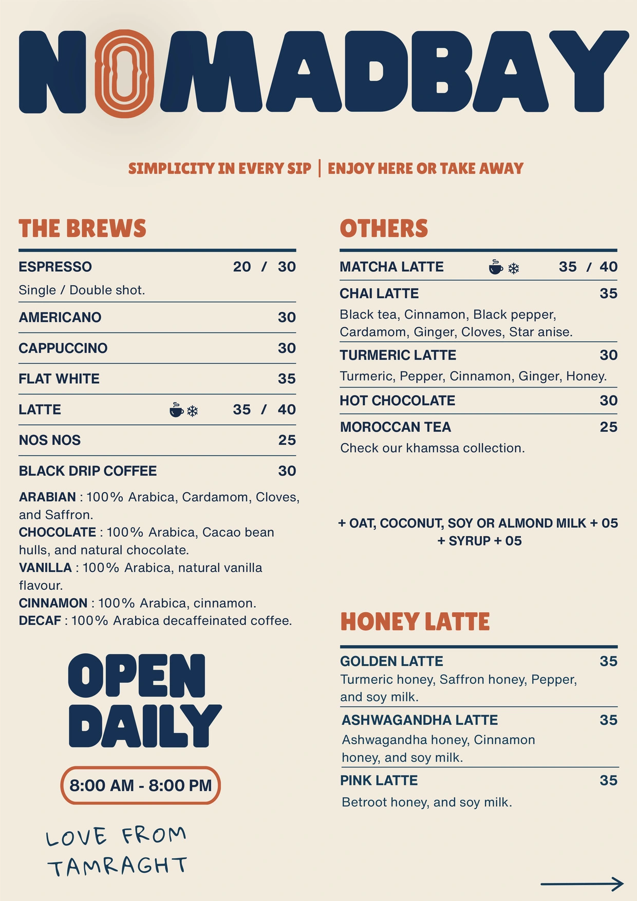 Nomadbay menu · coffee, tea and lattes